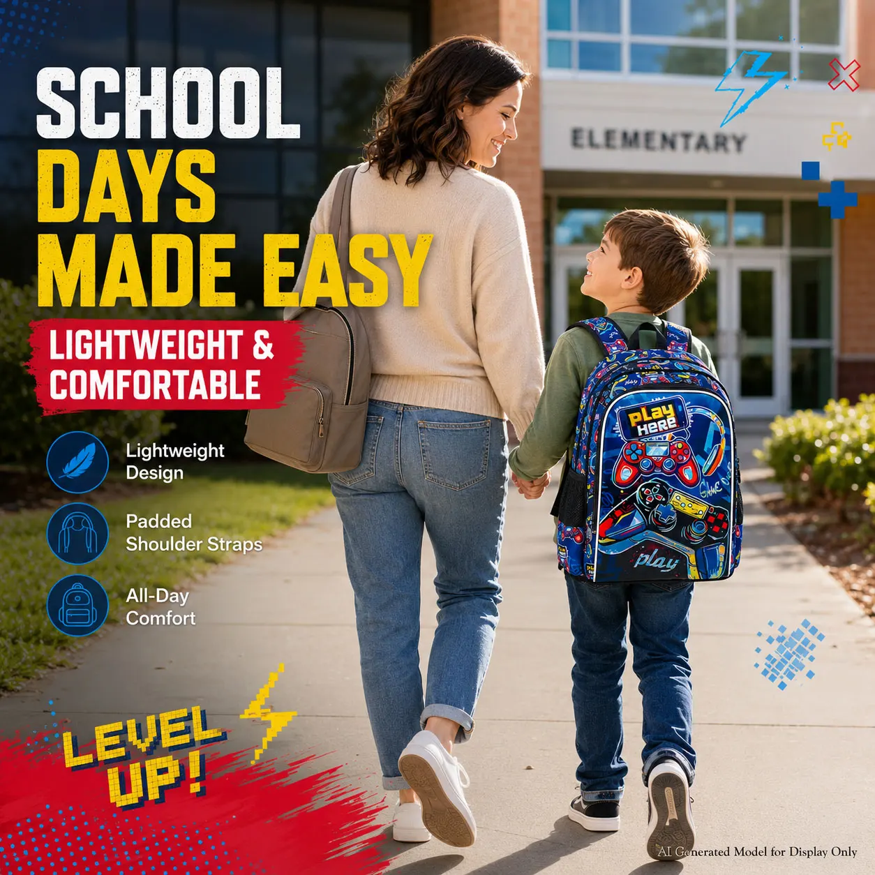 3PCS 16in Boys Backpack Set, UV Red Game Controller School Backpack with Handbag & Pencil Case