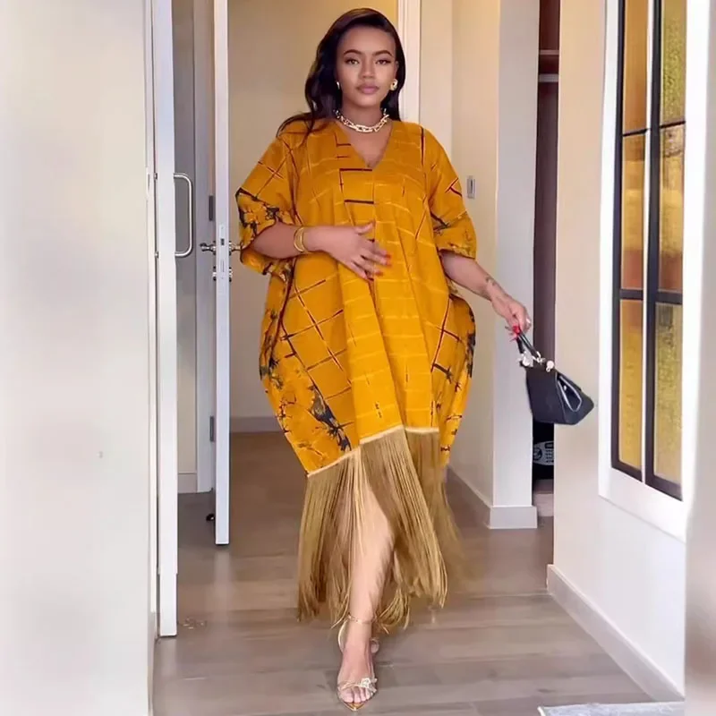 Vintage Print Loose Fit Maxi Dress Women Y2K Clothes Elegant V-neck Tassel Hem Birthday Club Party Long Dresses Vestido De Mujer