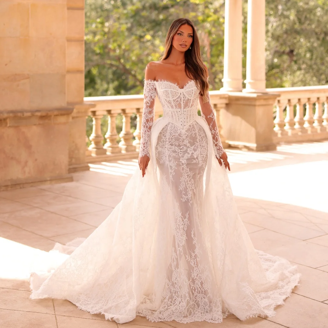 Mermaid Wedding Dresses Long Sleeves Lace Bodice Bridal Gown Detachable Train Arabic Luxury robe de mariée Customized
