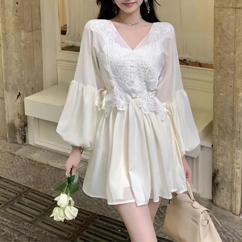 

Spring Summer Solid Color Mini Dress Women V-neck Fashion Lantern Sleeve Dresses High Street Embroidered Backless Lacing Robe