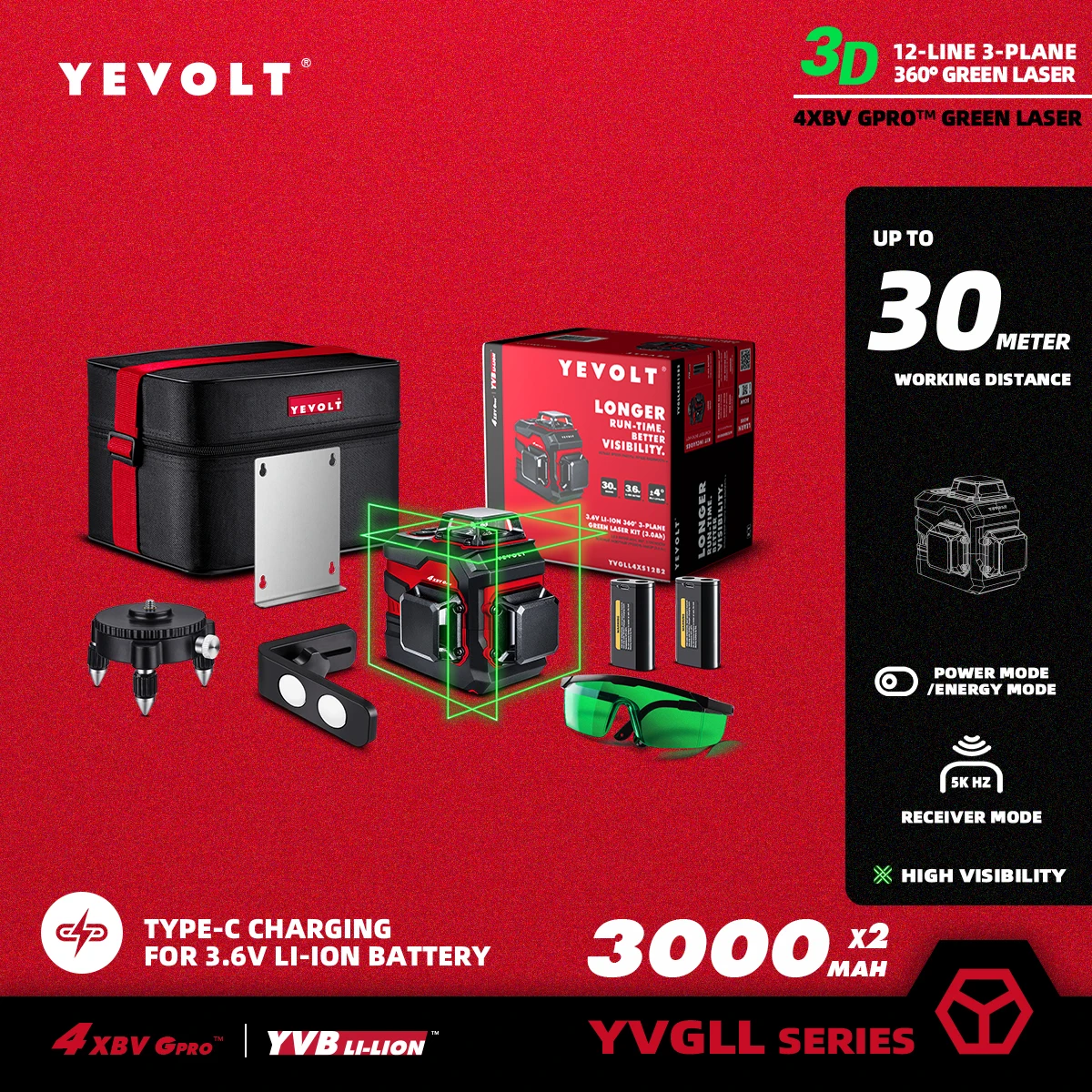 YEVOLT Laser Level Green 12/16-Line Self-leveling 3/4-Plane 360 3D/4D Measuring Tool-1.5M Aluminium Tripod YVGLL4XS-Series