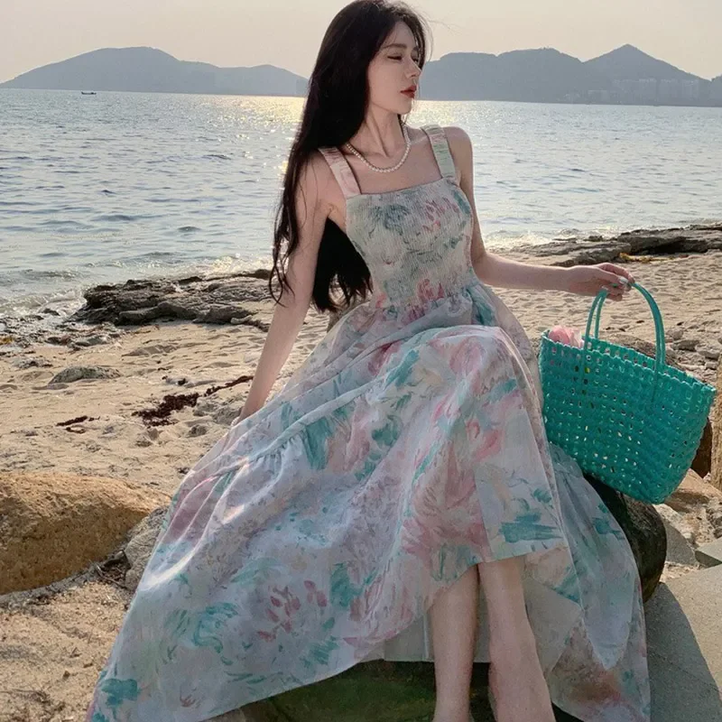 Vestido acampanado con estampado Floral francés para mujer, vestido largo ajustado con tirantes y tirantes anchos, diseño de nicho de verano para mujer