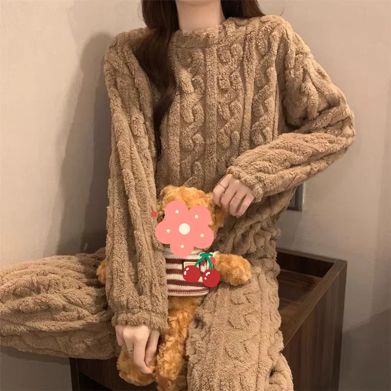 Pijamas gruesos para mujer, ropa de dormir dulce de lana coral para mantener el calor, pijama bonito de manga larga con cuello redondo, conjunto de dos piezas para otoño e invierno