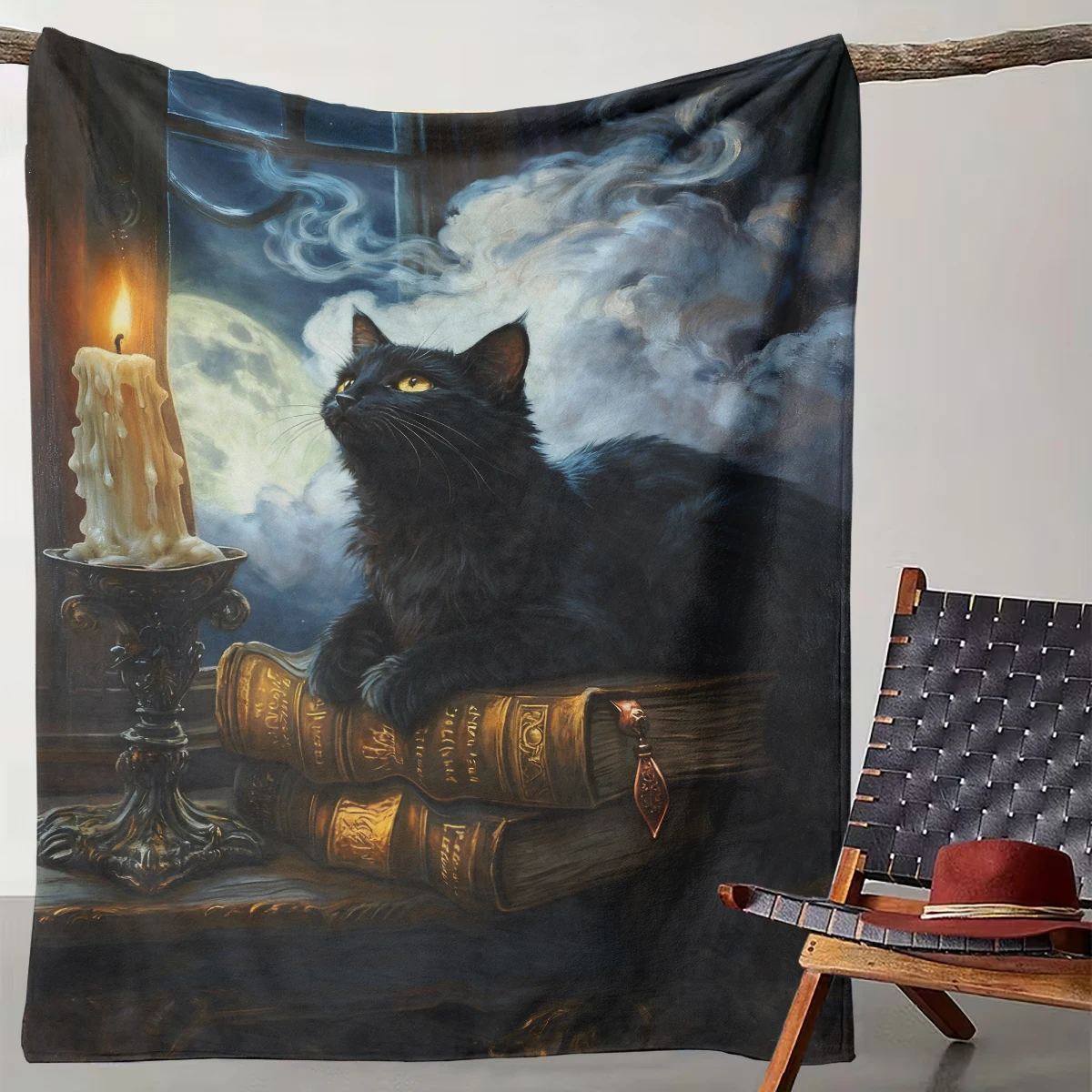 

1 Mysterious Moon Night Black Cat Old Book Blanket Retro Fantasy Cat Flannel Throw Blanket