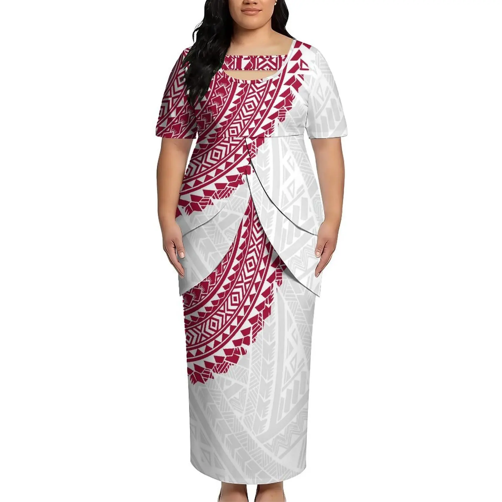Polynesian Island Women'S Puletasi Dress White For Sunday In Samoa Mother'S Day Round-Neck Open-Front Top And Long Skirt