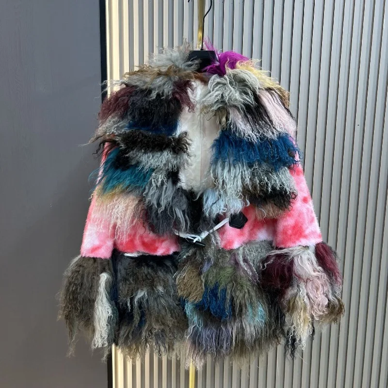 خريف شتاء جديد عصري كتلة اللون مريحة منتصف طول فرو المنك الصناعي تقسم الصوف سميكة الدافئة أنيقة معطف الشباب #5