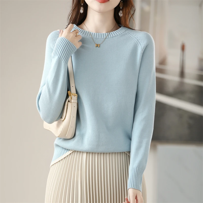 Autumn and Winter 100% Pure Cotton Women's Sweater Casual Knitted Round Neck Pullover Loose Long-Sleeved Versatile Women's Top