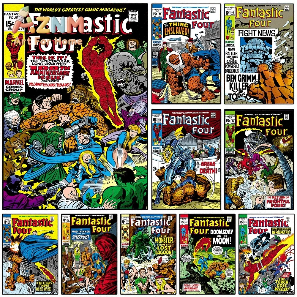 AZNM Fantastic Four 100th Anniversary Vintage Comic Cover Collage Canvas Wall Art Unframed Print, Superhero Poster for Bedroom