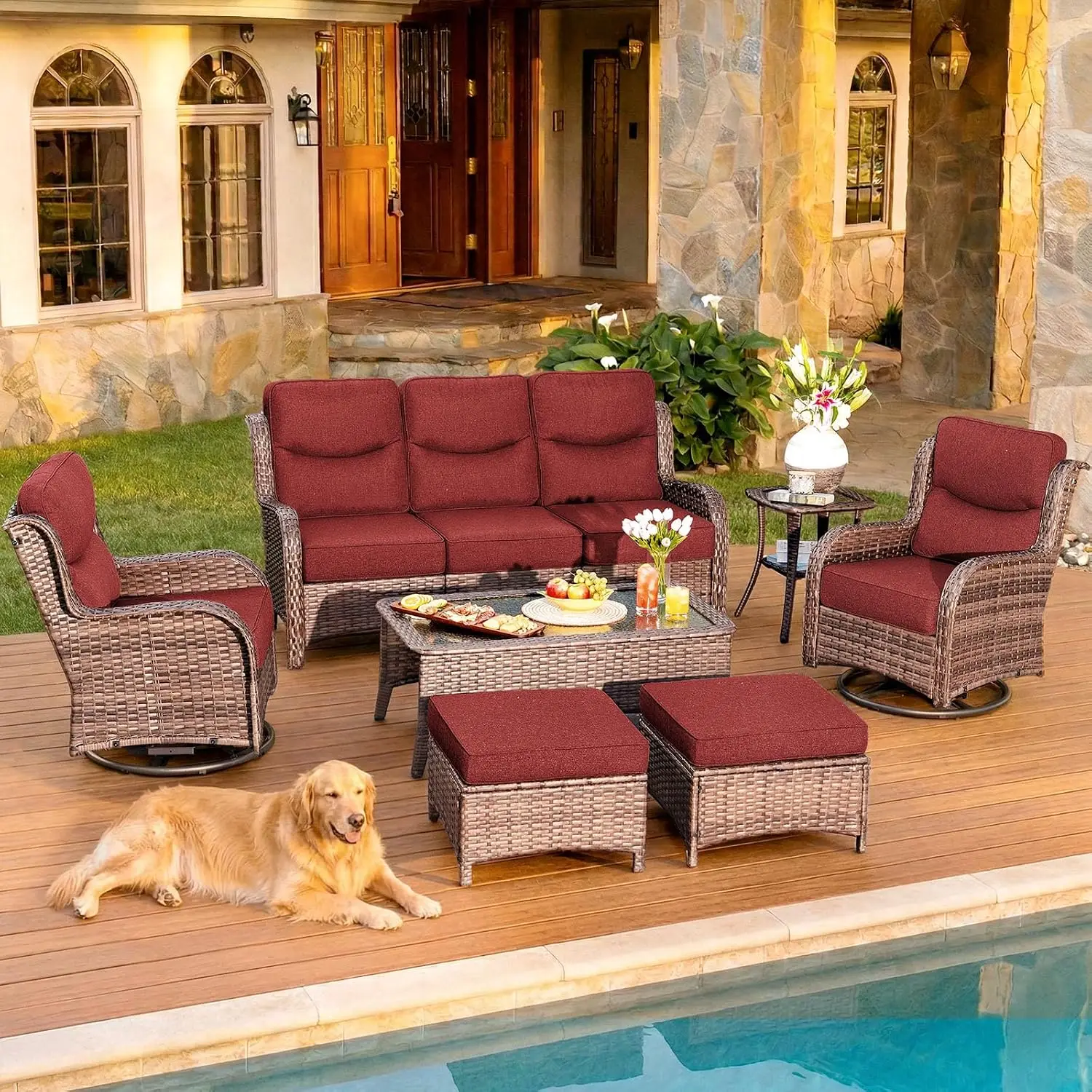 7-Piece Patio Set With Thick Cushions, Weather-Resistant Wicker Swivel Rocker, Senior-Friendly Sofa For Deck , Customized