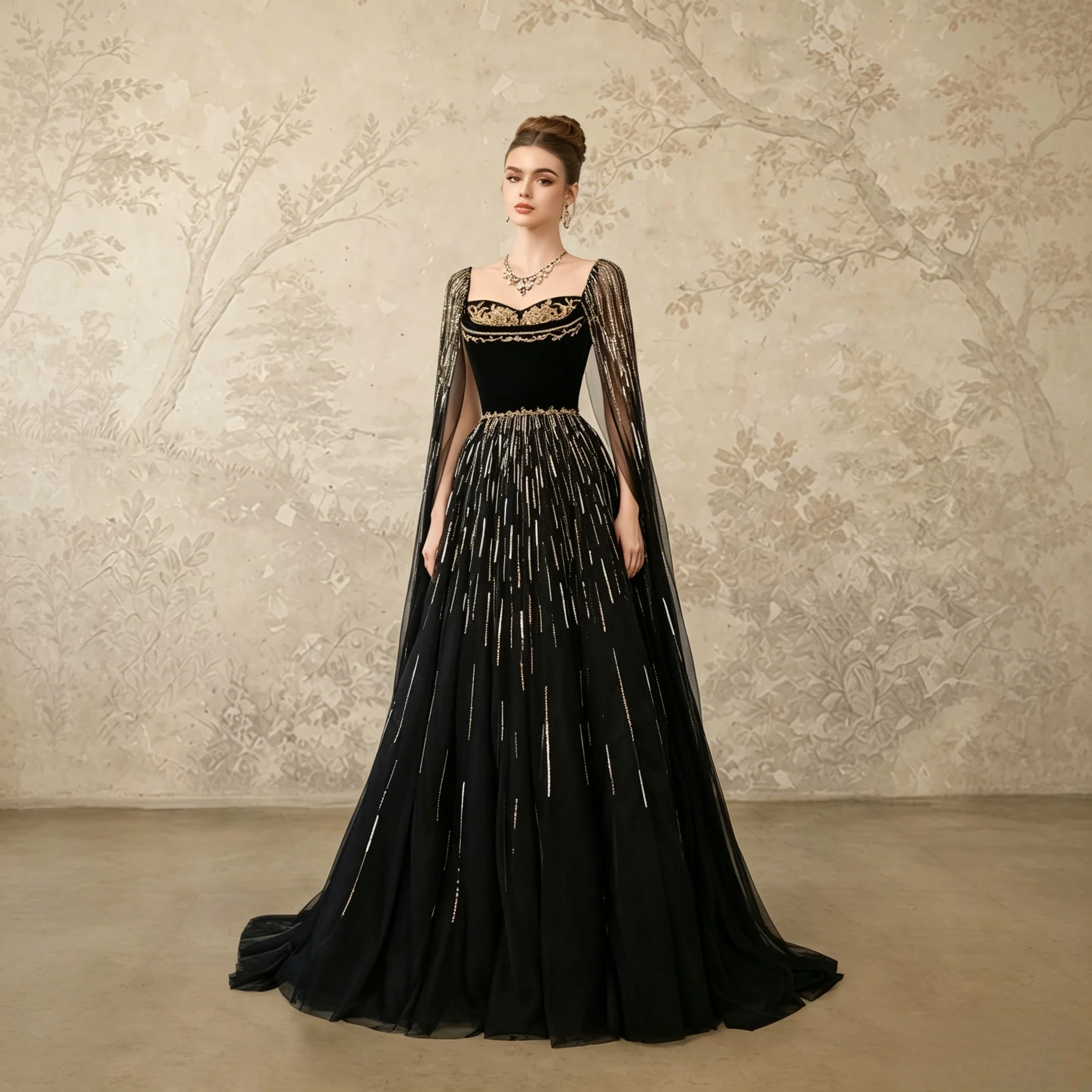 Customized Vintage Noble Black Tulle Ball Evening Gown Featuring Retro Square Neckline Decorated With Delicate Gold Lace Trim