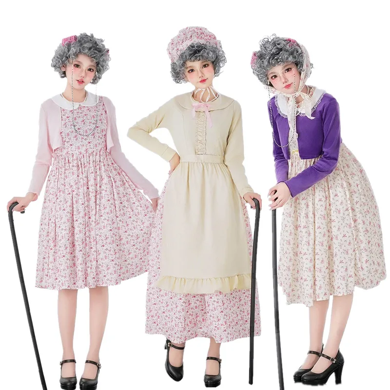 

Halloween Adult Floral Skirt Back to School 100 Days Grandma Costume Funny Performance Elderly Women Outfit Stage Costume