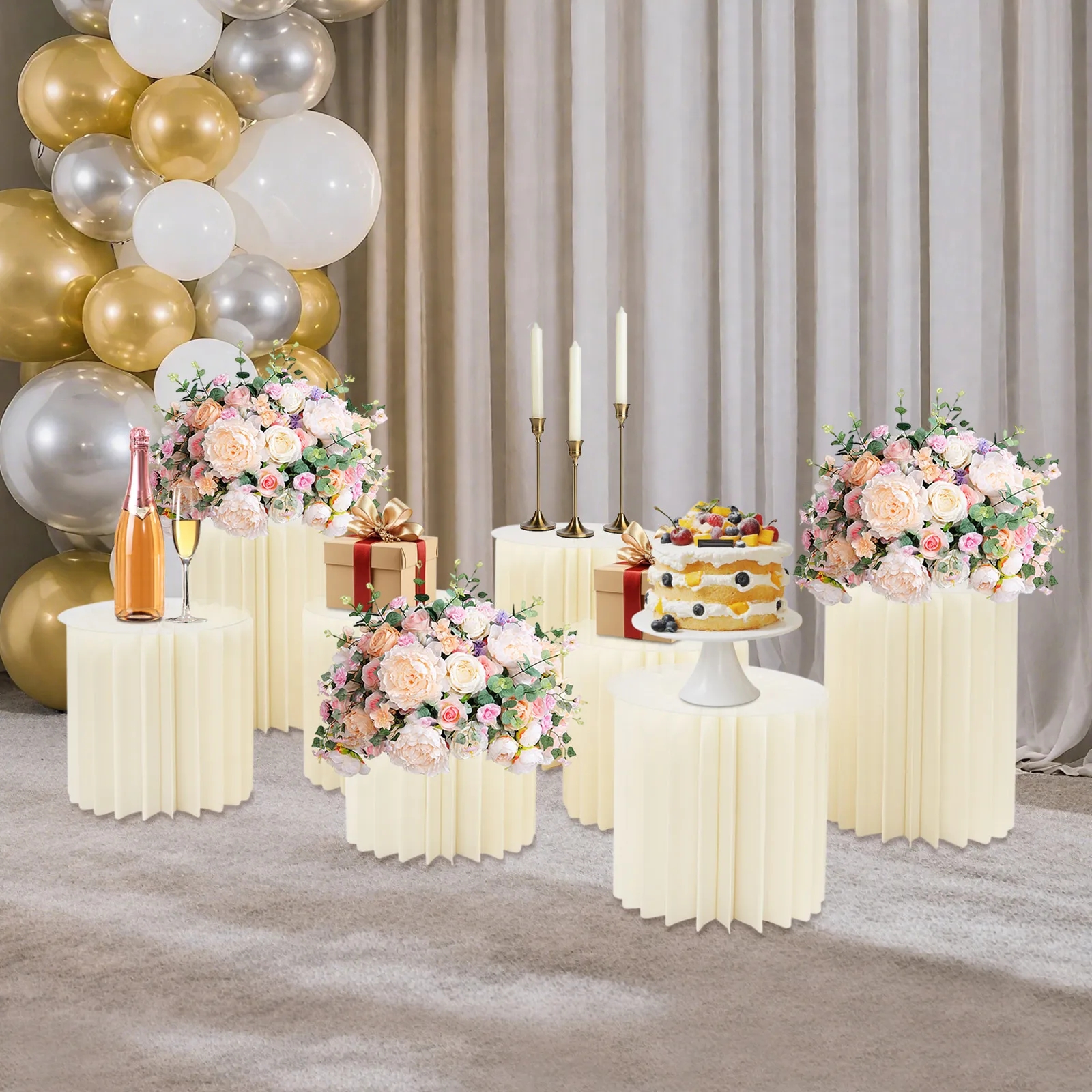 

Cylindrical 8PCS Milky White Foldable Paper Column Display Stands Round Cylinder Wedding Flower Stands with PVC Panels