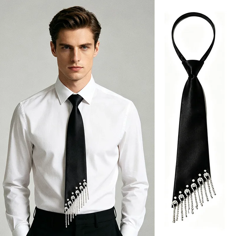 Black Asymmetric Chain Tassel Pre Tied Necktie Punk Style Shirt Tie with Metal Fringe for Women Men Party Stage