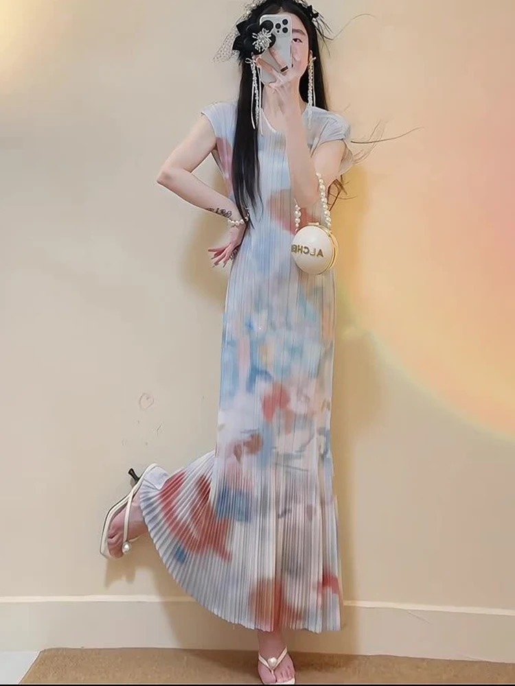 

Summer Style Oil Painting round Neck Short Sleeve Women's Dress Tailored Fit Bodycon Fish Tail Gown Commute Simple Design