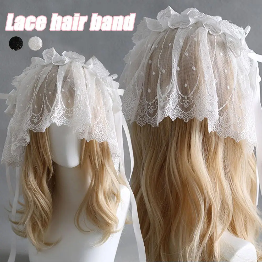 

Повязка на голову в стиле Лолиты, милая лента с рюшами и бантом, кружевная повязка для волос с рюшами, черно-белая вышивка, головной убор для косплея аниме горничной