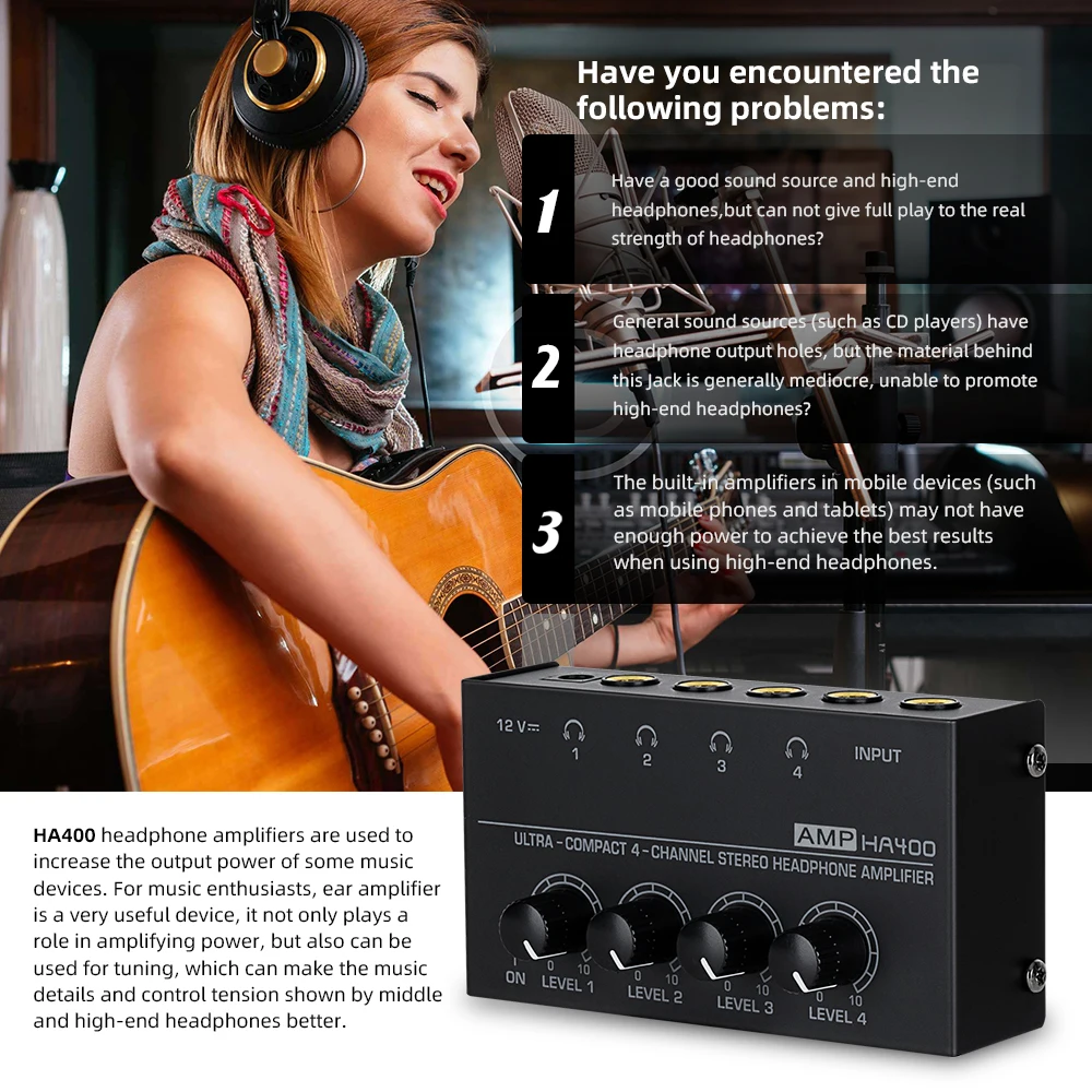 HA400 Mini Amplifier Headphone Amplifier 4 Channels Ultra-Compact Stereo Audio Amplifier Earphone Amplifier With Power Adapter