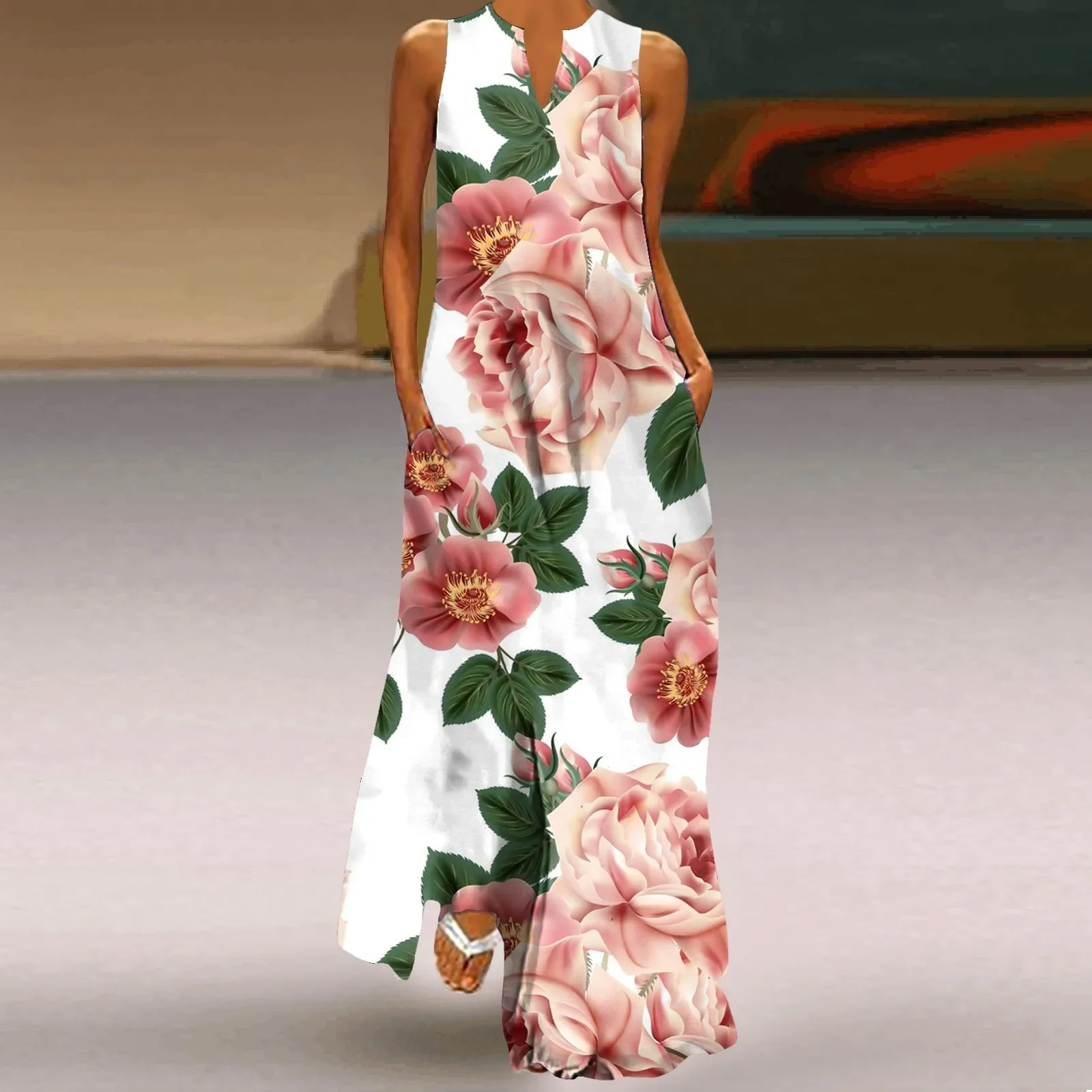 Fresh Large Flower Print Hollow V-neck Sleeveless Dress Summer Loose Long Dress Fashion Maxi Dress Suitable For Casual Occasions