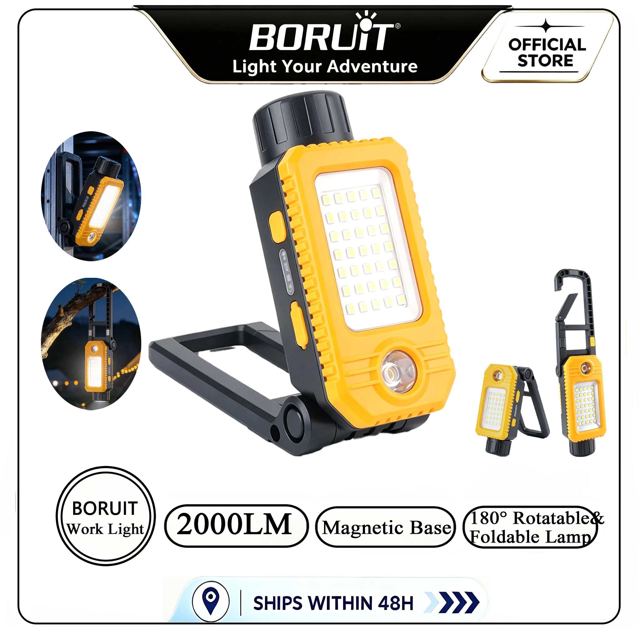 boruit-折りたたみ式led作業灯-2000lm、磁石で固定できる作業用ランプ、type-c充電、防水、緊急用ライト、自動車修理、キャンプ用。