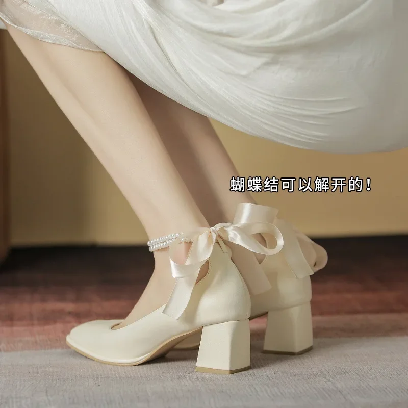 2022 New High Heels Women\'s Fashion Bow Thick Heel Square Toe Mary Jane Shoes Elegant Medium Heel Women\'s Shoes Party Shoes