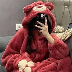 2024 Autumn/Winter New Cute Strawberry Bear Robe Women's Thick and Long Warm Coral Velvet Pajama Sleeping Skirt