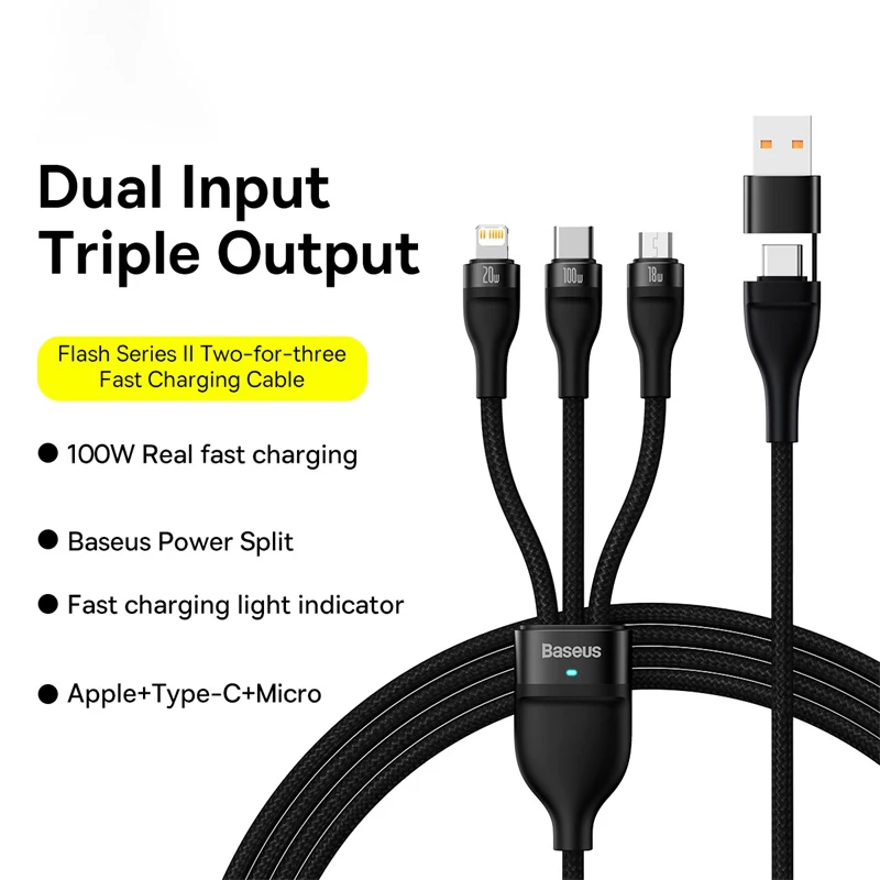 Baseus 100W 3 in 2 USB-kabel voor Macbook Snel opladen 20W USB Type C-kabel voor iPhone 15 14 Pro Max Huawei Honor Xiaomi 13