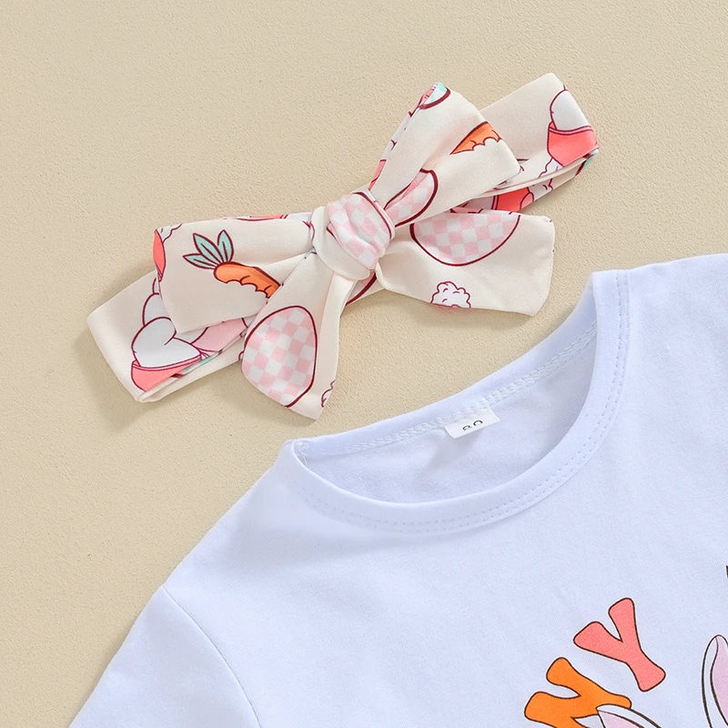 Easter Bunny Print Short Sleeve Top and Pants Set with Matching Headband for Girls - Egg and Carrot Print Outfit Set