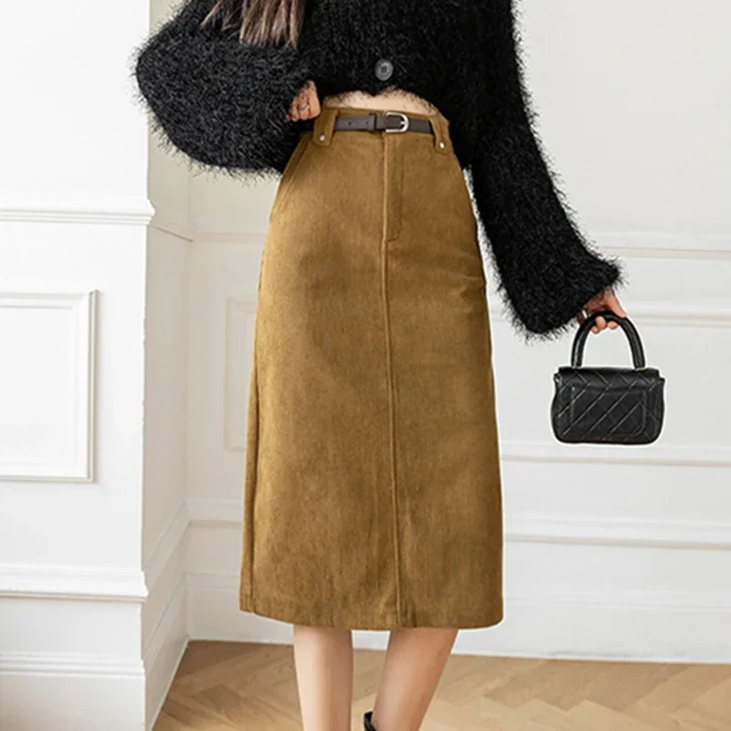 A Women Korean mid-calf skirts Autumn fashion casual high waist A-line skirt ladies slim streetwear package hip skirts female