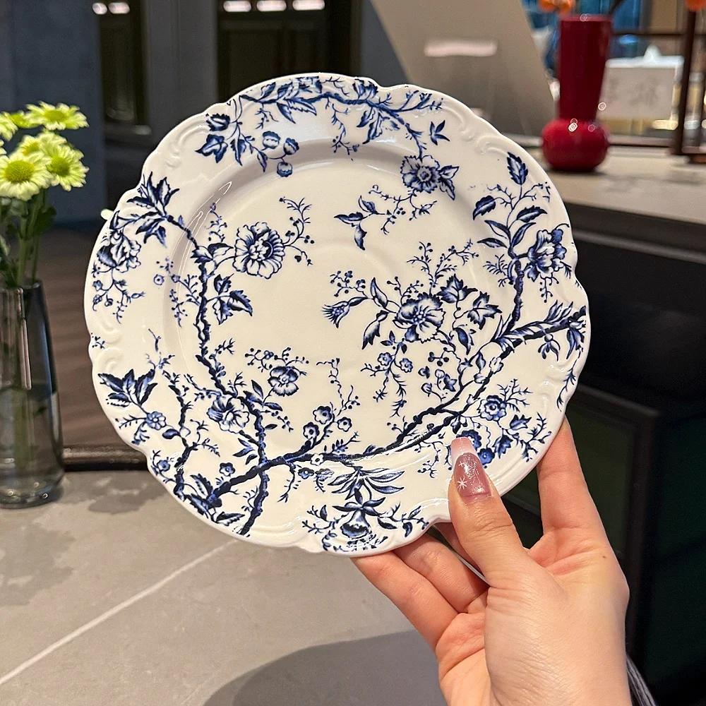 

Ретро-тарелка из сине-белого фарфора, простая китайская посуда с цветочным узором