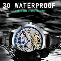 Forsining Fashion Skeleton Automatic Mechanical Mens Watch Leather Strap Moon Phase Tourbillon Waterproof Business Wristwatches