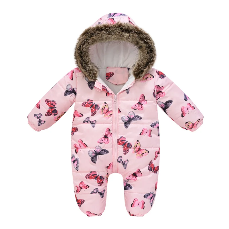 -30℃ Winter Infant Thick Rompers Clothes 2023 New Baby Fur Collar Hooded Overalls Girls Boy Ski Suit Padded Cotton Warm Bodysuit