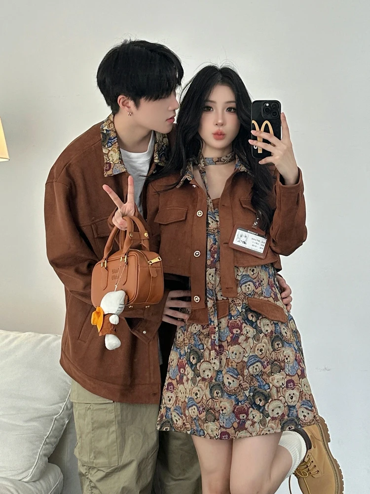 

Unique Design Suede Jacket Short Style with Halter Dress Two-Piece Set for Couples Spring Autumn Season Casual Loose Fit Coat