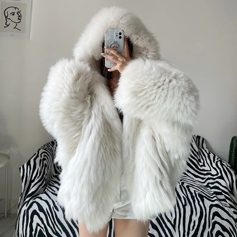 100% Natural Fox Fur Double-side Hand-woven Fur Coats Women Winter Fashion Hoodies Thick Tops Ladies Luxury Real Fur Jackets