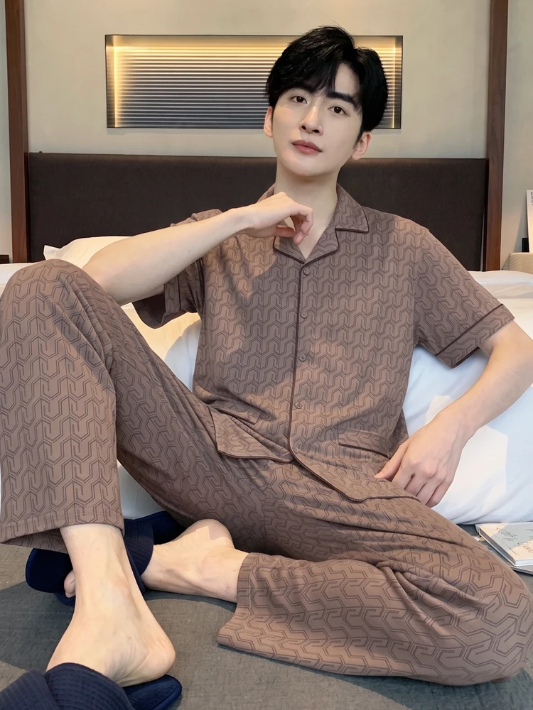 cool-modal-ice-silk-sleepwear-set-men's-summer-short-sleeve-long-pants-thin-home-clothes-comfortable-breathable-soft-cotton-b