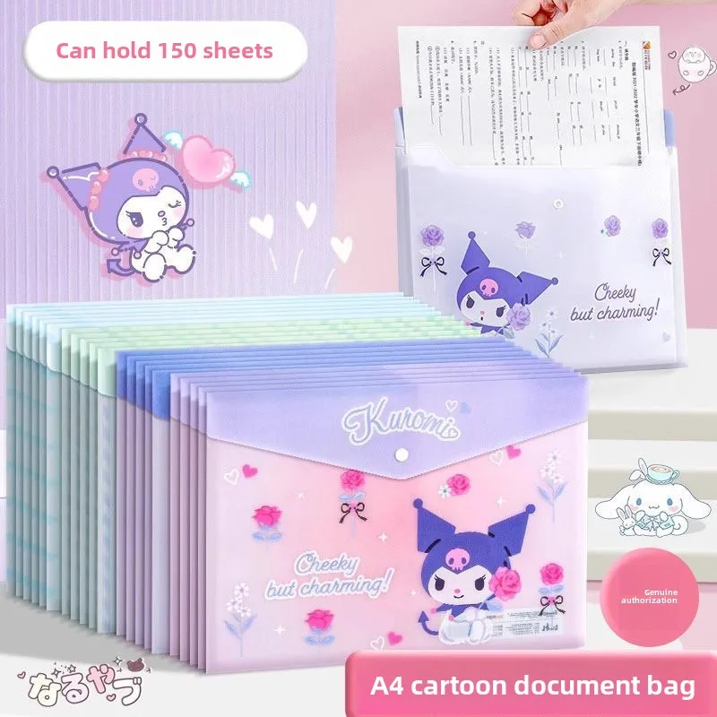 Bolsa de archivo Kawaii Sanrio de dibujos animados de Hello Kitty My Melody Kuromi, Material de papel de prueba para estudiantes a4, almacenamiento, bolsa a presión bonita y gruesa