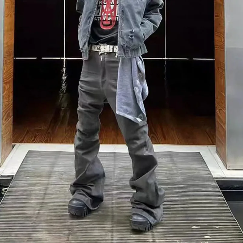 HKSH Spring Autumn New Men Tide Chic Ins Washed Smoky Gray Distressed Denim Pants Slightly Flared Jeans Stacky RO Style HK26221