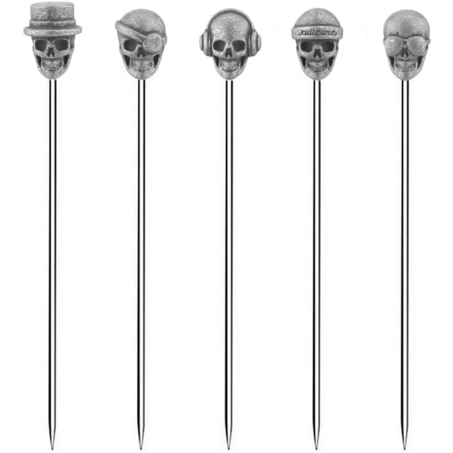 

5 Piece Cocktail Picks Stainless Steel Skull Tops Martini Picks Reusable Olive Picks Antique Silver