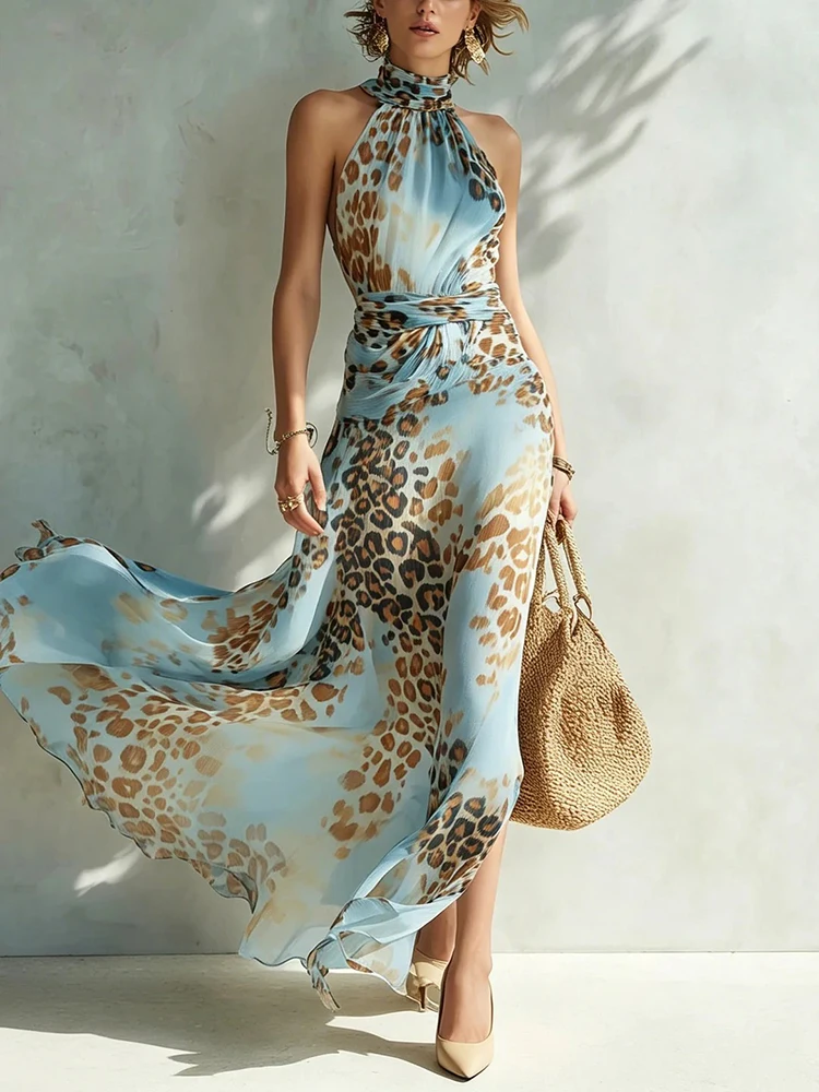 Damen Freizeit Sommer Strandkleid mit Leopardenmuster, schulterfreies Chiffon Maxikleid, sexy rückenfreies High-Waist Swing-Kleid für den Urlaub