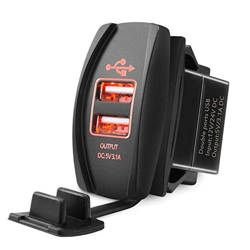 

MICTUNING Universal Rocker Style Car USB Charger Two USB Sockets For Rocker Switch Panel With Red LED Light