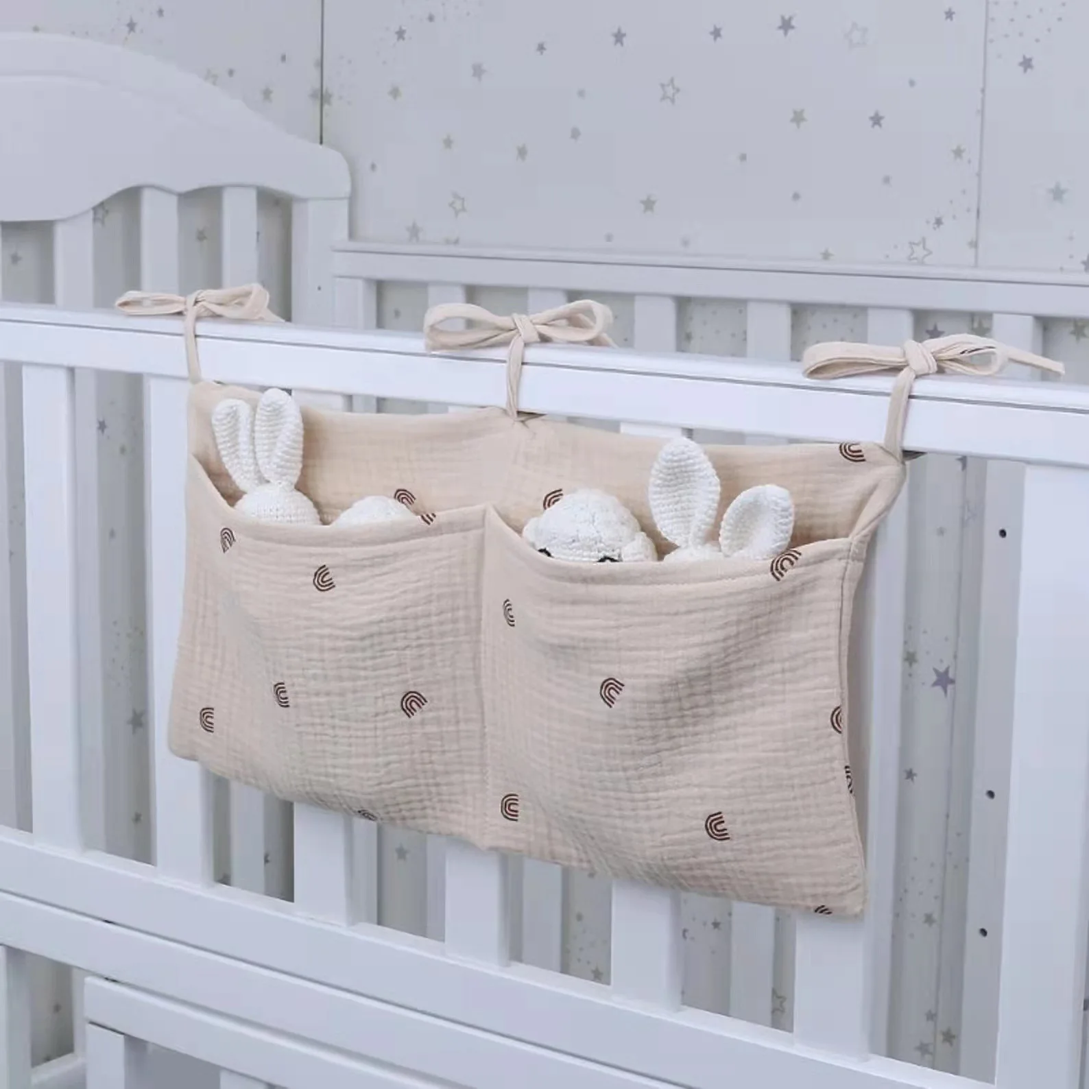 Double Cotton Hanging Cloth Baby Bedside Storage Bag Double Pocket Stroller Hanging Diaper Bag Printed Baby Bottle Hanging Bag