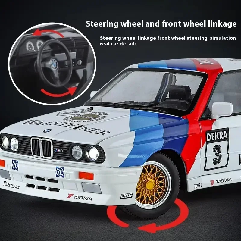 1:24 BMW M3 E30 1987 DTM Modello di auto in lega Suono e luce Tirare indietro Giocattolo per bambini da collezione Regalo di compleanno