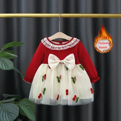 Autumn And Winter New Red Christmas Party Baby Girl Princess Dress, Sweet Bow Thickened Children'S Long Sleeved Clothes