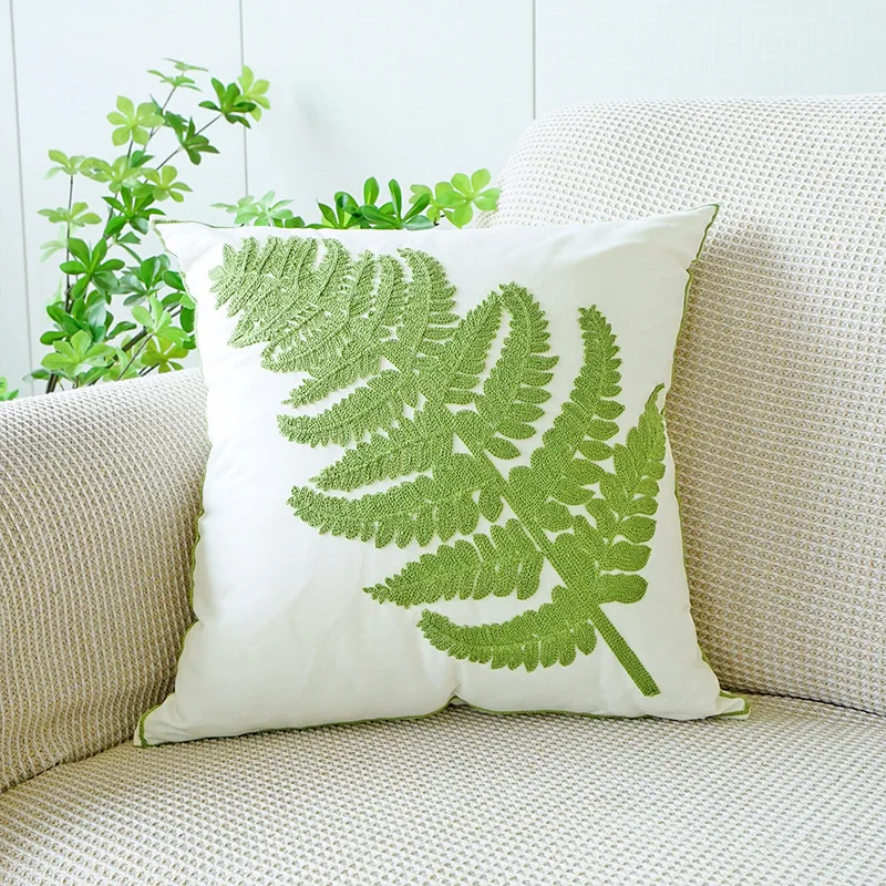 Yulan Flower Pillow Cover Embroidered Green Leaf Sofa Cushion Cover Office Waist Pillowcase Green 45x45