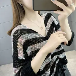 Fashion Striped Hollow Out Knitted T-shirt Spring Summer Thin Elegant V-Neck Female Casual Loose Shirring Drawstring Pullovers