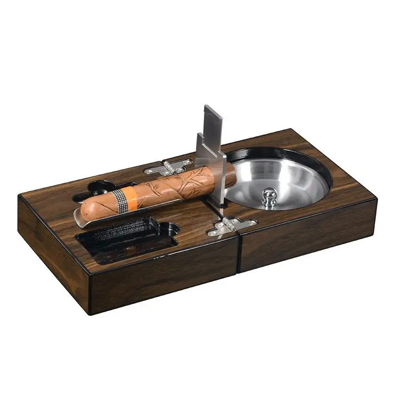 Weilongxin Folding Wooden Box Ashtray Portable Cigar Ashtray with Stainless Steel Tray Classic Luxury-Inspired Walnut Finish