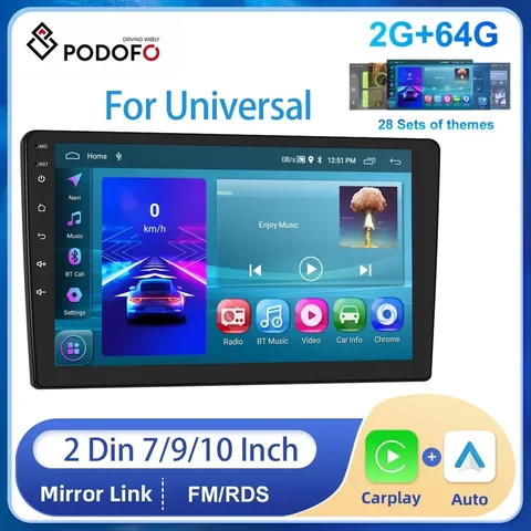 Podofo 범용 도요타 VW 닛산 혼다용 카 스테레오 라디오, GPS 와이파이 블루투스 카플레이, 안드로이드 2 + 64G, 7, 9, 10 인치