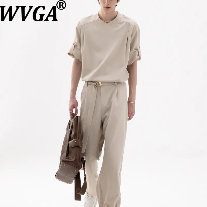 

WVGA весна лето новые мужские рубашки с круглым вырезом и короткими рукавами нишевые шикарные повседневные элитные стильные прямые брюки комплект из двух предметов W17990