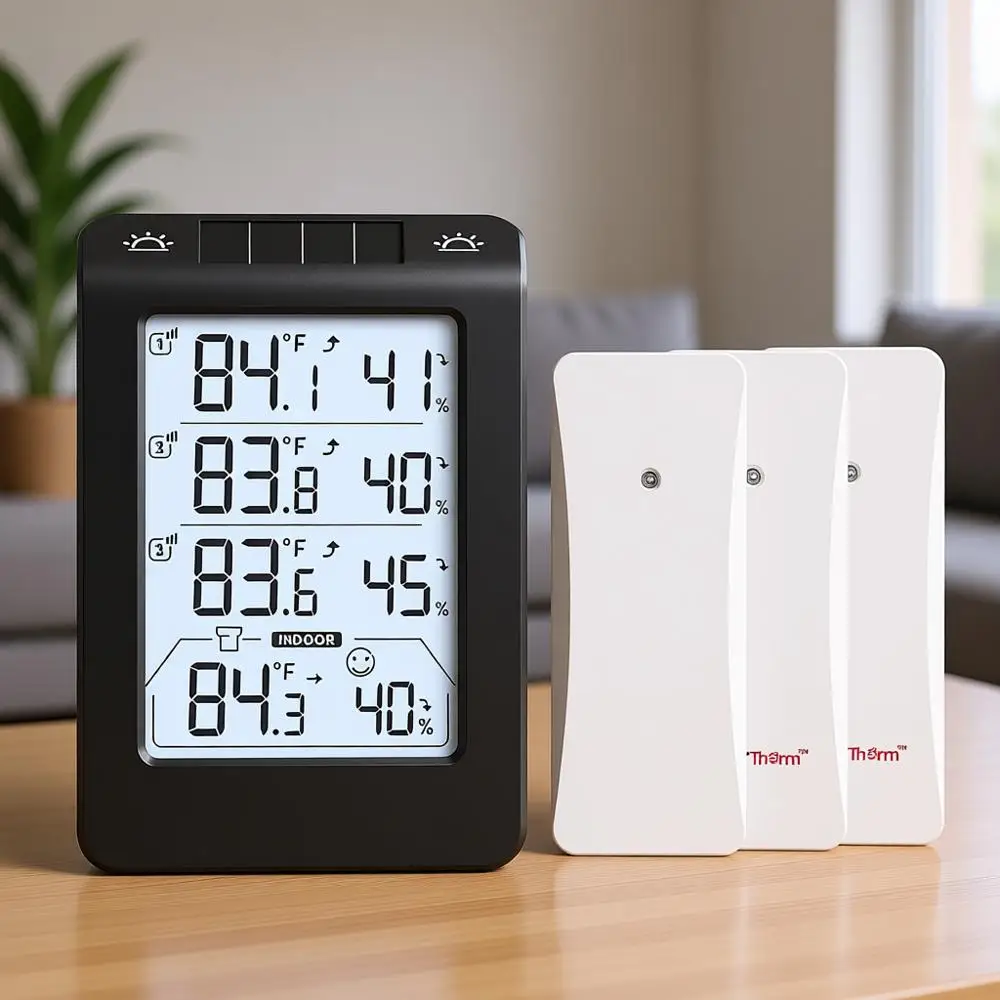 Wireless 3-Channel Photo-Sensitive Thermometer & Hygrometer with 330ft Range, 4.8 Display, Smart Backlight, Real-Time Alerts