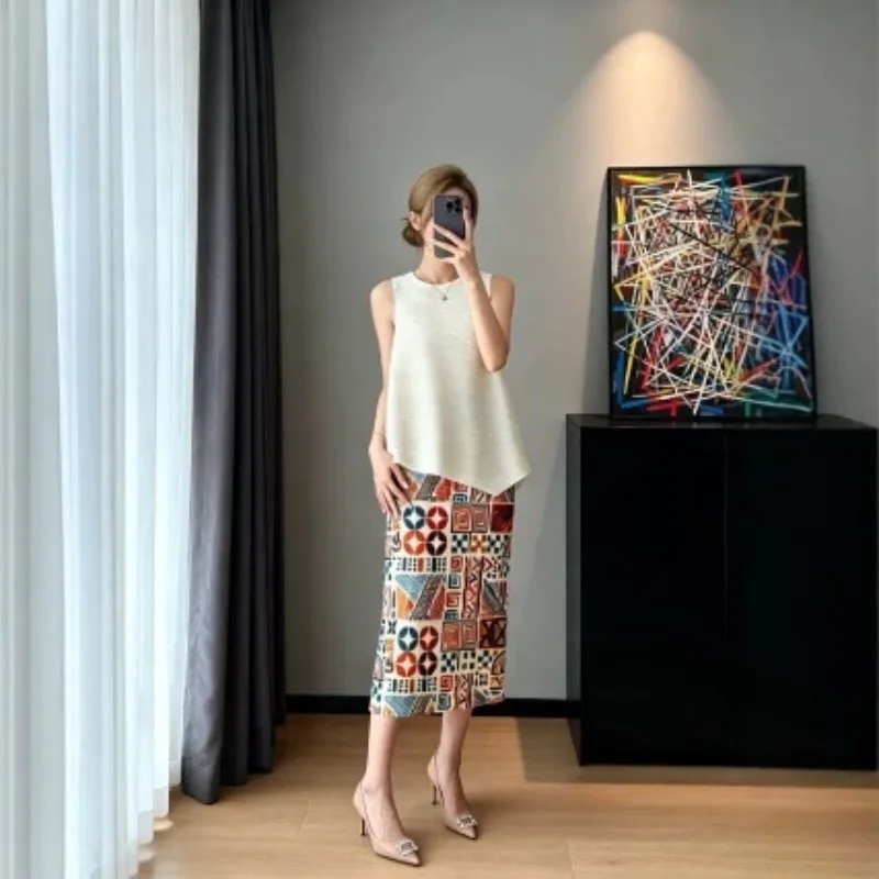 

Miyake Pleated Printed Skirt Women 2026 Summer New Bohemian Ethnic Geometric Print Jupe High Waist Slim Mid-Length Pleats Skirt