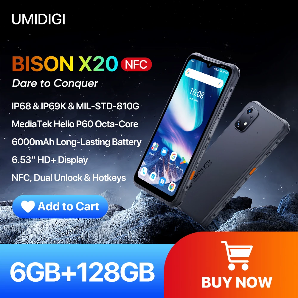 umidigi bison x20 smartphone robusto android 13 mtk helio p60 octa core 653 hd mais 6gb 128gb 6000mah bateria nfc agps ip68 ip69k 01