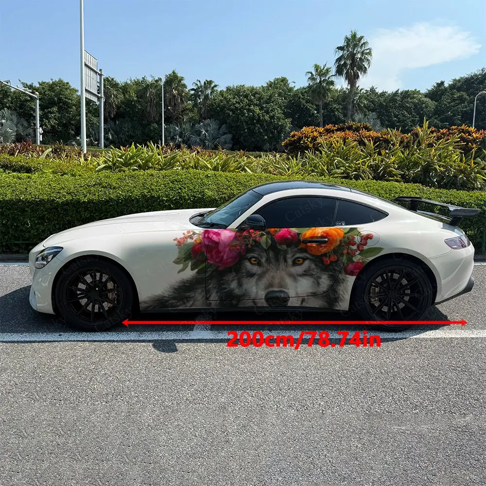 2pcs Wolf Crowned With Roses Car Side Wraps, Self-Adhesive PVC Waterproof & Scratch-Resistant Stickers, Car Accessory Gift